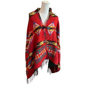 Vintage Aztec SouthWestern Hooded Poncho Cape Tassels & Toggle Closure One Size